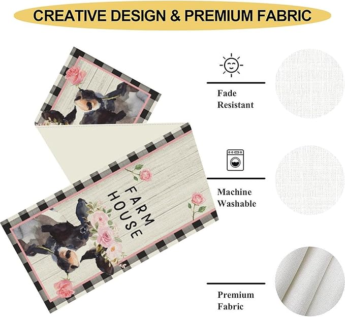 Cow Farmhouse Table Runner, Rustic Black White Plaid Buffalo Animals Flower Rose Farm Coffee Table Center Decor for Family Kitchen and Living Room Country Holiday Party Table Decorations, 13" X 72"