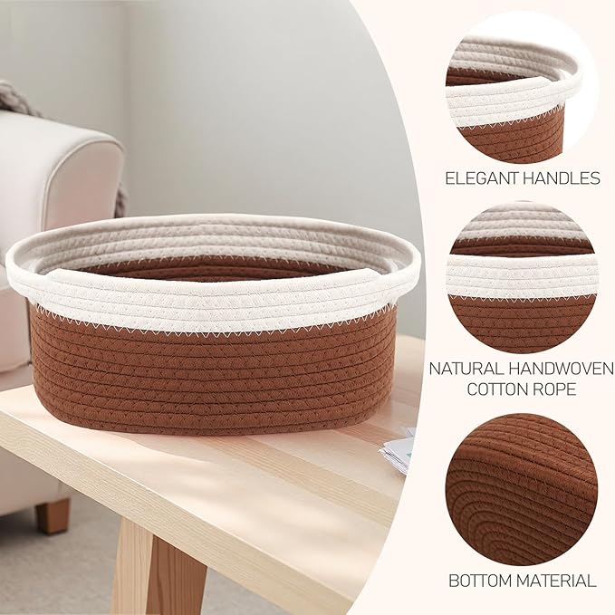 Woven Basket,Small Rope Storage Bin with Handles & Ribbon Bag, Organizer for Shelves Closets,Gift Basket Empty for Birthday,Books,Dog Toys, White&Brown