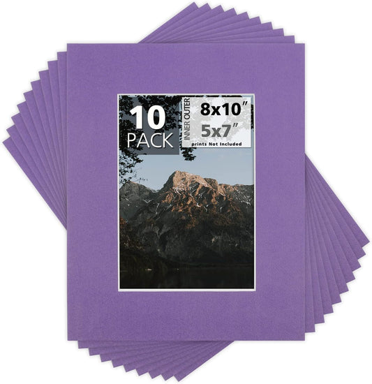 Mat Board Center, Pack of 10, 8x10 for 5x7 Purple Color Mats - Bevel Cut, Acid Free, 4-ply Thickness, White Core - for Pictures, Photos, Framing