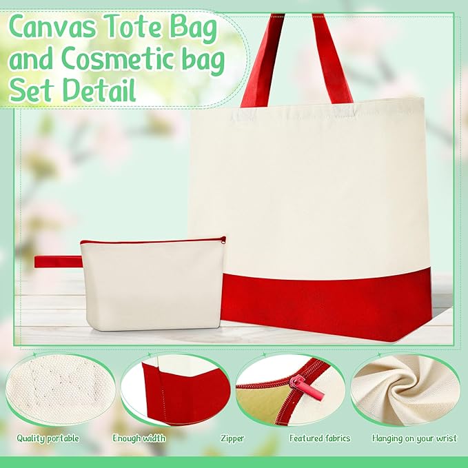 Sanwuta 24 Pcs Canvas Tote Bags Bulk with Zipper Cosmetic Bags 18.5" Cotton Canvas Bag with Handles Reusable Shopping Bags