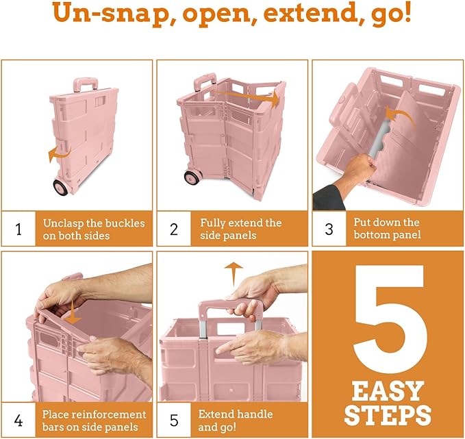 Inspired Living Ultra-Slim Rolling Collapsible Storage Pack-N-Roll Utility-carts, with Telescopic Handle, for Home, Garden, Shopping, Office, School use, Medium, Raspberry Pink