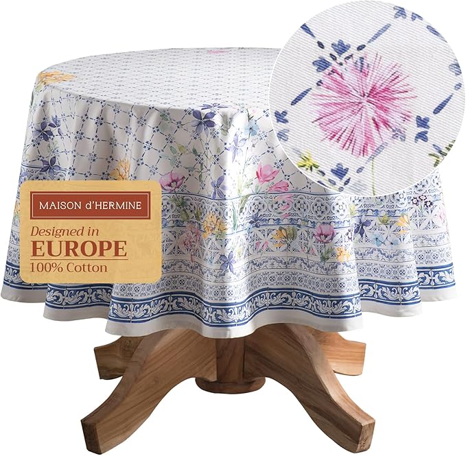 Maison d' Hermine Table Cloth Round Table 100% Cotton 69 Inches Tablecloth Reusable Decorative Everyday Use for Dining Room, Farmhouse, Home, Party, Festive & Wedding Spring Summer - Faience
