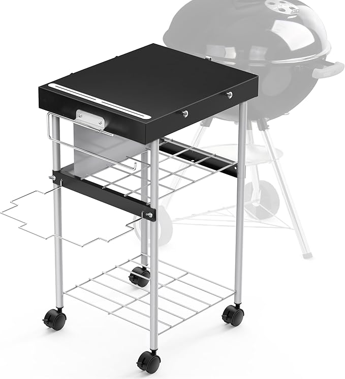 Grill Table Cart for Weber 22 inch Kettle 18in Charcoal Camping Carts for Blackstone 17 inch Griddle Accessories Outdoor Grillling Side Tables Freestanding Barbecue Shelves with Wheels Storage