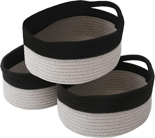 Woven Basket,Small Rope Storage Bin with Handles & Ribbon Bag, Organizer for Shelves Closets,Gift Basket Empty for Birthday,Books,Dog Toys, Black&Grey/3 Pack