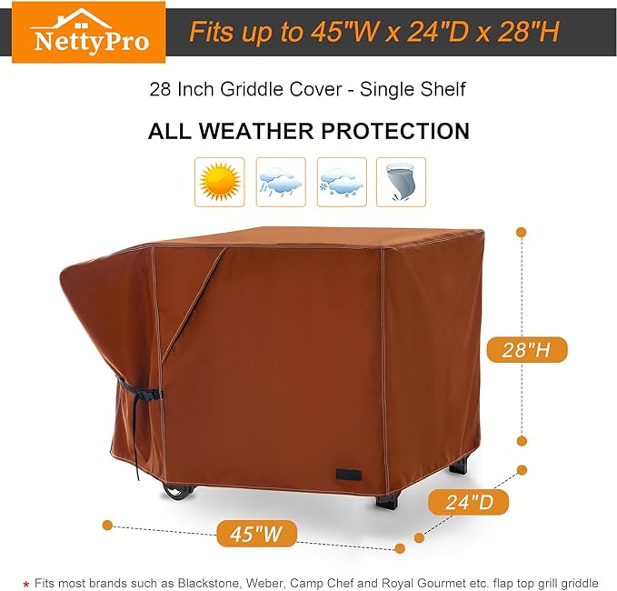 NettyPro Griddle Cover for Blackstone 28" Griddle with Single Shelf, Waterproof Heavy Duty 2 Burner Flat Top Gas Grill Cover 28 inch Cooking Station Camping, Brown