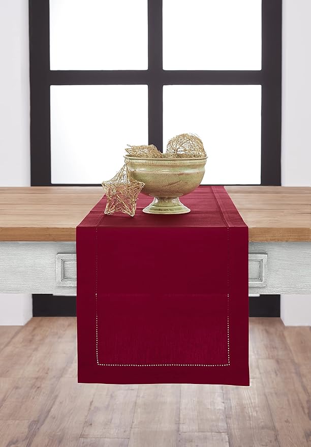 Solino Home Red Hemstitch Table Runner 60 Inches - Cotton Linen Small Table Runner 14 x 60 Inch Ideal for Dresser and Coffee Tables - Winter, Valentines