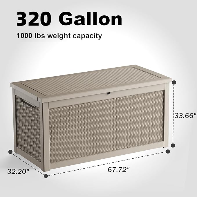 320 Gallon Waterproof Outdoor Storage Box, UV Resistant Resin Deck Box with Hydraulic Rod for Reinforced Stability, Perfect for Patio, Garden, and Pool（Grey，320 Gallon）
