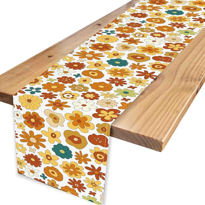 Groovy Floral Table Runner, Retro 70s Hippie Floral Funky Cute Flower Trippy Orange Coffee Table Center Decor For Home Kitchen Dining Patio Holiday Party Indoor Outdoor Table Decorations, 13"x90" Inch