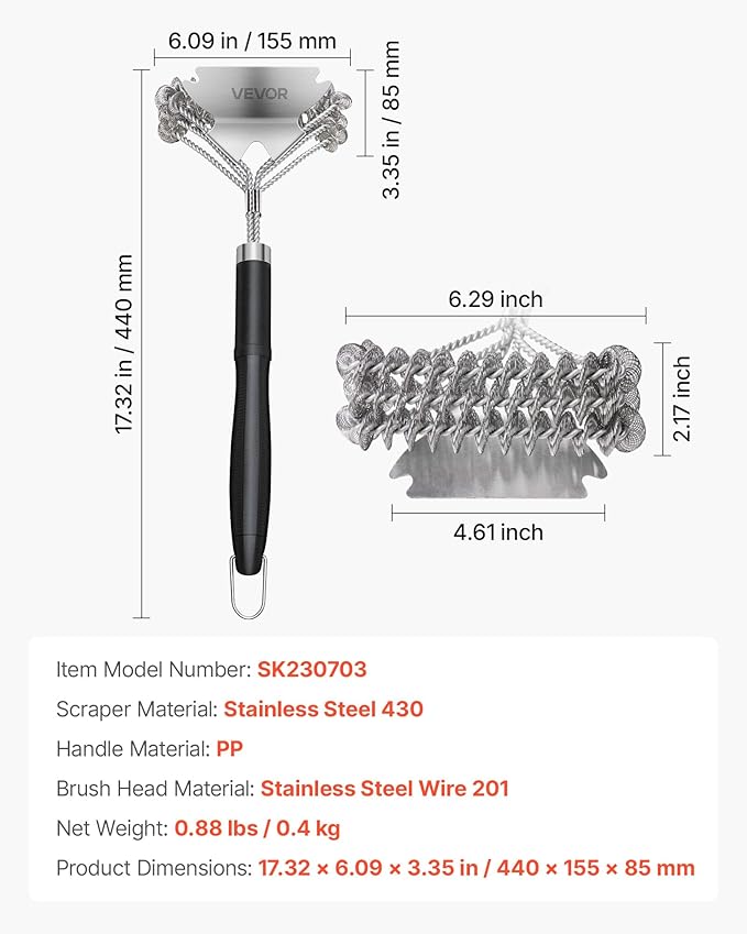 VEVOR Grill Brush and Scraper, BBQ Brush for Outdoor Grills, Stainless Steel Woven Wire, Bristle Free Barbecue Brushes for Porcelain, Charcoal, Grate Cleaner Grill Accessories, 17 in