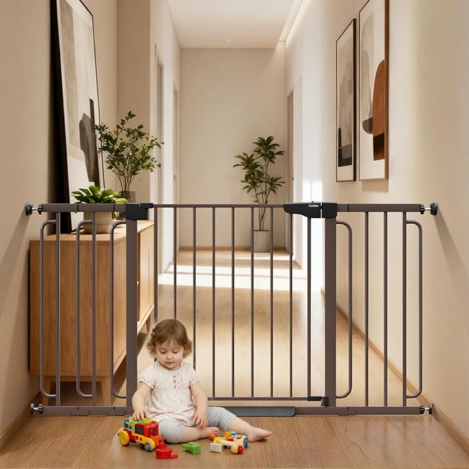 Cumbor 29.7-59" Extra Wide Baby Gate for Stairs, Pressure Mounted Dog Gate for Doorways, Auto-Close Easy Walk Through Safety Child Gate for Kids Toddler, Tall Pet Gates Indoor, Brown