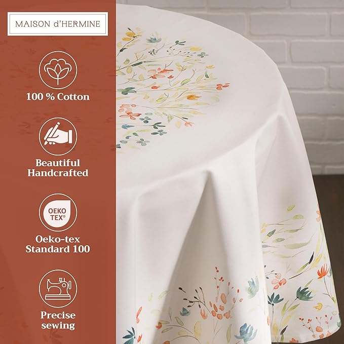 Maison d' Hermine Table Cloth Round Table 100% Cotton 63 Inches Tablecloth Reusable Decorative Everyday Use for Dining Room, Farmhouse, Home, Party, Festive & Wedding Spring Summer - Colmar