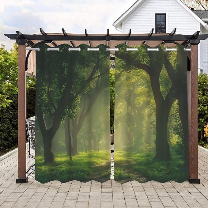 Forest Theme Waterproof Indoor/Outdoor Curtains,Dawn Trees Jungle Pattern,Privacy Curtains for Porch Pergola Arbor Lanai Pool House Outside Deck,2 Panel,W42 x L63,Green