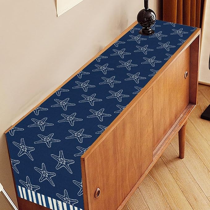 Starfish Table Runner, Summer Coastal Navy Blue Nautical Tropical Rustic Farmhouse Coffee Table Center Decor for Home Kitchen Dining Patio Holiday Party Table Decorations 13"x72"
