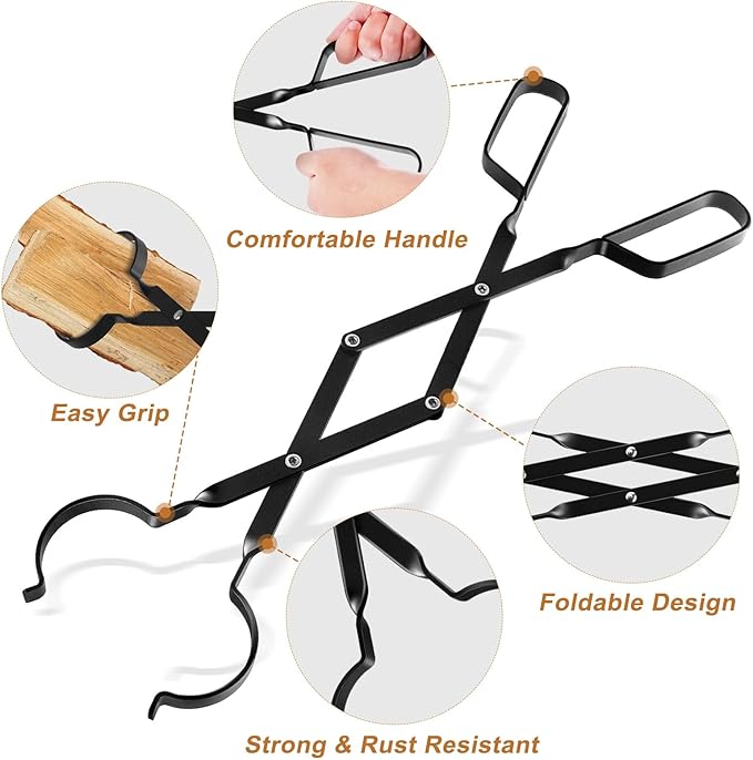 Cyrico Fire Poker and Fire Tongs Set, Heavy Duty 31 Inch Fireplace Poker with Blow Portable 23 Inch Log Grabber Firewood Tongs Fire Pit Tools Accessories for Camping Wood Stove Campfire Outdoor Indoor