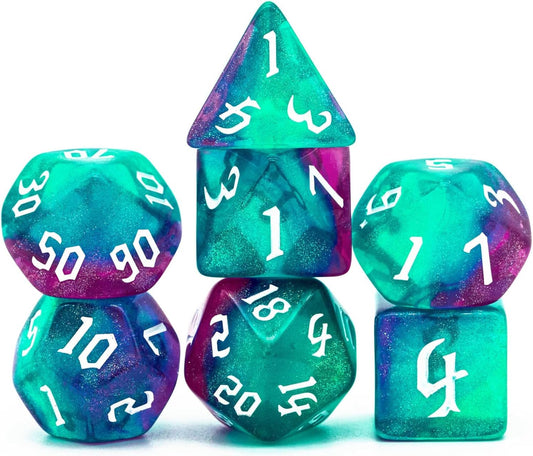 7-Die DND Dice Set Polyhedral Dice Set with a Leather Bag, D&D Dice Set for Dungeons and Dragons, RPG Table Games (Rose Blue w/Glitter)