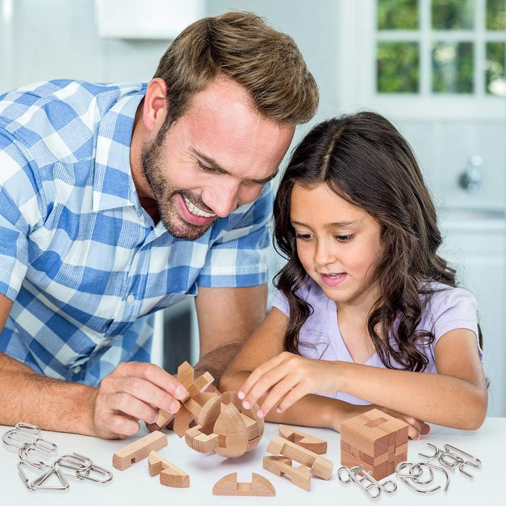 LESONG Brain Teasers Metal and Wooden Puzzles for Kids and Adults 9 Pack, Mind, IQ, and Logic Test and Handheld Disentanglement Games, 3D Coil Cast Wire Chain and Durable Wood Educational Toys