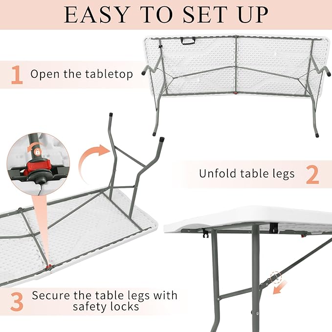 Folding Tables with Carrying Handle Lightweight Rectangular Portable Plastic Camping Table Steel Legs for Party, Dining, Wedding, Events, Picnic Indoor, Outdoor (5FT, White)