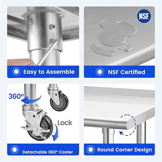 Hally Stainless Steel Table for Prep & Work 24 x 60 Inches with Caster Wheels, NSF Commercial Heavy Duty Table with Undershelf and Backsplash for Restaurant, Home and Hotel