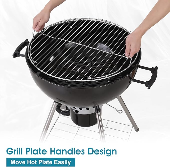 MFSTUDIO 22" Master Kettle Charcoal Grill, Premium Outdoor Barbecue Grill with Thermometers, Porcelain-Enameled Lid & Ash Catcher, Black