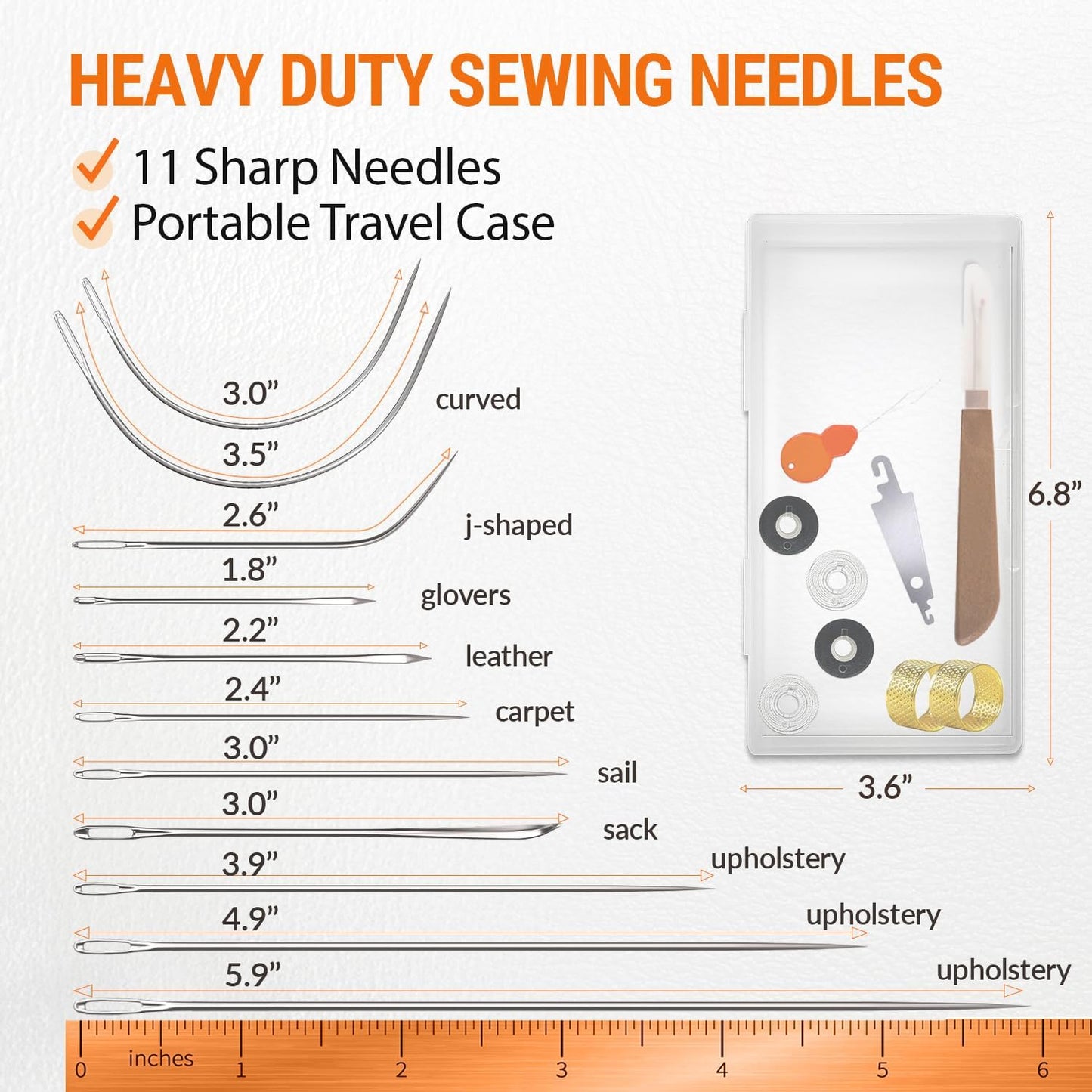 VONEEDL Heavy Duty Sewing Needles (11 PCS) & Waxed Thread (2 Black and 2 Grey Colors) - Upholstery Repair Kit for Leather, Canvas, Quilting & More