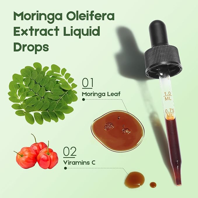 Moringa Leaf Drops with Vitamin C, Moringa Oleifera Extract Liquid Drops for Immunity Support,Antioxidant,Overall Health & Energy,Vegan Herbal Supplement 4 fl oz