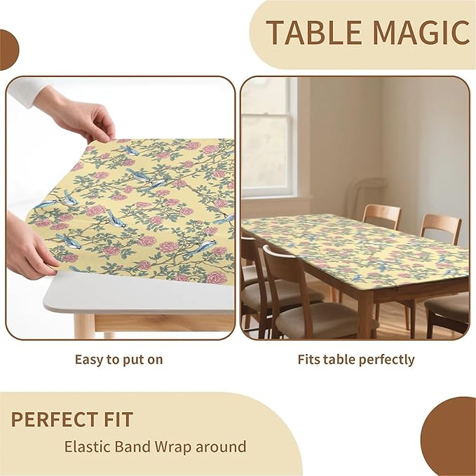 Rectangle Table Cloth Cover Waterproof Elastic Fitted Polyester Fitted Tablecloths for 8 Foot Tables for Indoor,Picnic, Camping, Outdoor （96" x 30"，Bird）