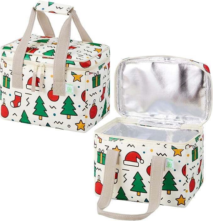 VENO 2 Pack Christmas Insulated Lunch Bag, Heavy Duty Insulated Grocery Bags, Small Cooler with Water-Resistant PP Exterior for Work, Picnic, Travel, Easy-Clean (Jingle Mix, 2 Pack)