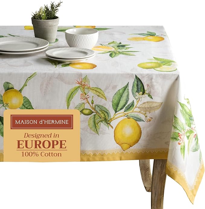 Maison d' Hermine Table Cloth Rectangle Table 100% Cotton 70 x 90 Inches Tablecloth Reusable Decorative for Dining Room, Farmhouse, Home, Party, Festive & Wedding Spring Summer - Limoncello
