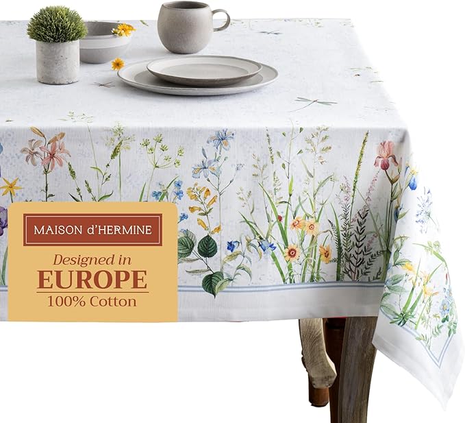 Maison d' Hermine Table Cloth Rectangle Table 100% Cotton 60 x 90 Inches Tablecloth Reusable Decorative for Dining Room, Farmhouse, Home, Party, Festive & Wedding Spring Summer - Fleurs De Mai
