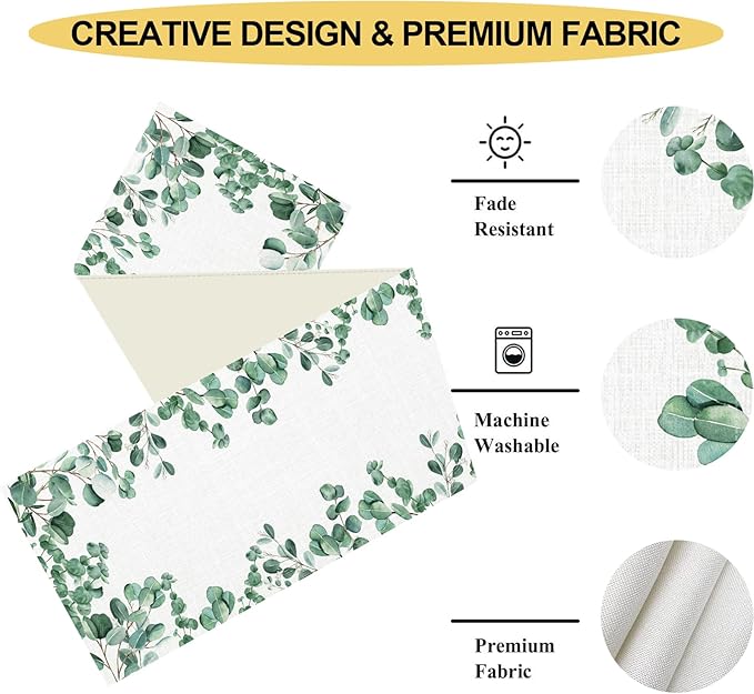 Farmhouse Table Runner, Green Eucalyptus Spring Summer Seasonal Plants Rustic Country Cafe Coffee Table Center Decor for Home Kitchen Dining Patio Indoor Outdoor Table Decorations, 13"x72" Inch