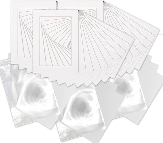 5x7 Mat for 8.5x11 Frame - Precut Mat Board Acid-Free Show Kit with Backing Board, and Clear Bags White 5x7 Photo Matte Made to Fit a 8.5x11 Picture Frame Matboard for Framing, Pack of 25 Mats