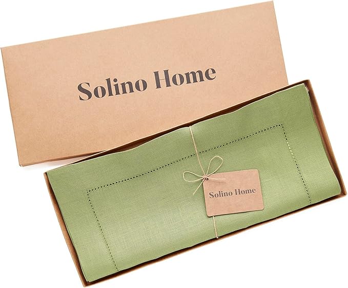 Solino Home Linen Moss Green Table Runner 132 Inches Long - 100% Pure Linen Extra Long Table Runner 14 x 132 Inch for Spring, Easter, St Patricks Day - Classic Hemstitch