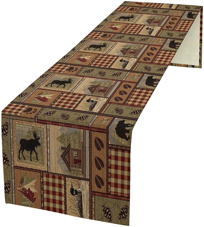 Rustic Deer Bear Table Runner, Vintage Bear Country Cabin Farmhouse Table Runner for Home Kitchen Dining Table Decoration 13x90in