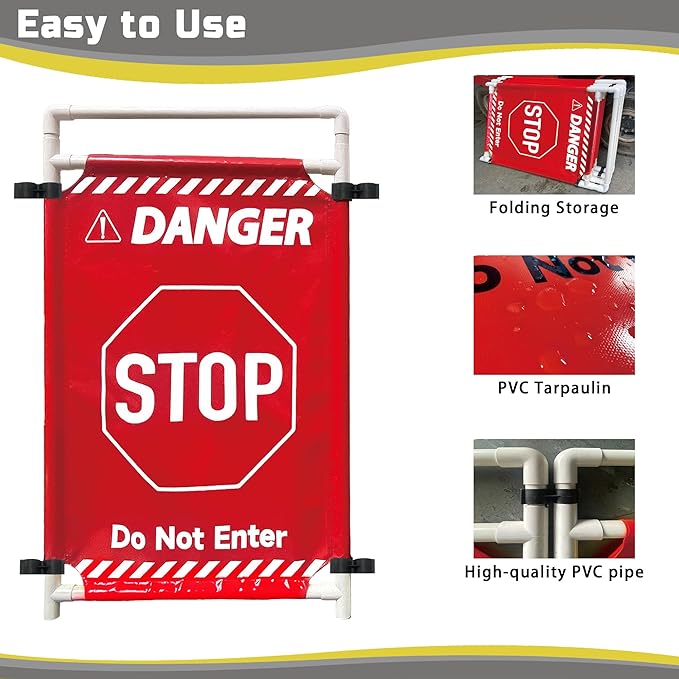 Safety Caution Barricade 2Panels Foldable Security Signs With PVC Tarp Removable Safety Barrier Wet Floor Guard Symbol Clear Printing Safety Fence(Red)