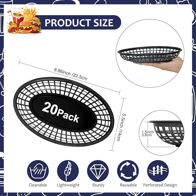 20 Pack Plastic Fast Food Baskets, 8.8" × 5.5" Small Oval Restaurant Serving Baskets Tray for Burgers, Sandwiches,Hot Dogs,Tacos,Parties, Food Trucks, Reusable or Disposable,Stackable(Black)