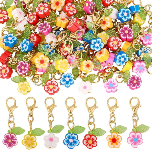 80Pcs Flower Stitch Markers Charms Handmade Polymer Clay Pendant Decorations Alloy Lobster Claw Clasps Charms Knitting Crochet Notions Clip On for Weaving Sewing Bag Ornaments