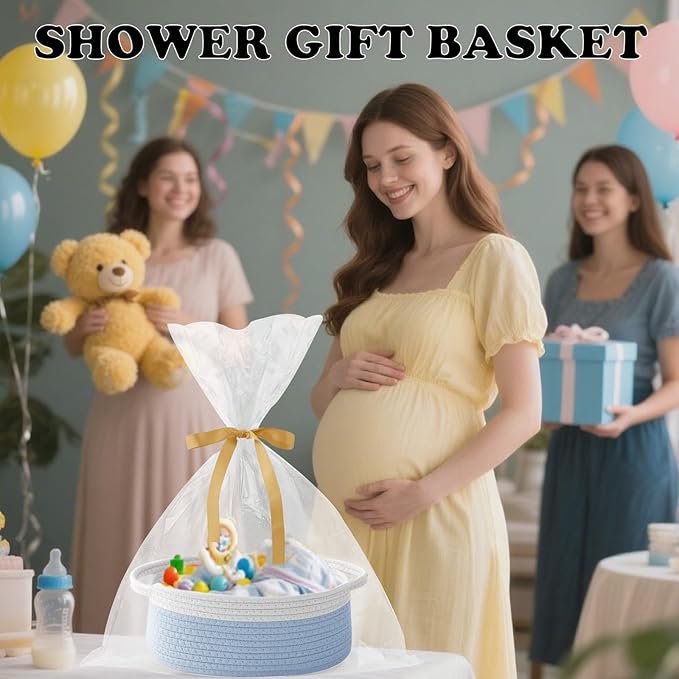 Gift Basket with Gift Bag and Ribbons,Small Rope Woven Shelf Storage,Baskets for Gifts Empty,Birthday,Baby Shower,Decorative Organizer Box with Handles(White&Blue)