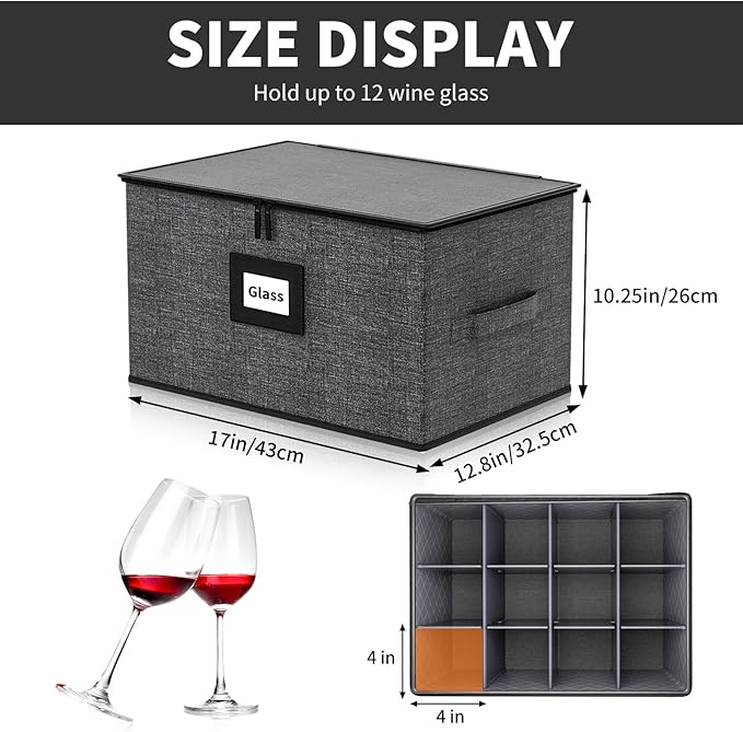Aokeyee Wine Glass Storage Box Containers with Dividers - 2 Pack Stemware Storage Cases for 24 Crystal Glasses, Drinkware, Hard Shell for Moving & Protection(17'' x 12.8'' x 10.25'', Grey)