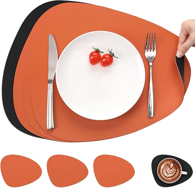 Myir JUN Placemats, Dual-Sided Placemats Waterproof Faux Leather Placemats Set of 6 Place Mats and Coasters Non-Slip Washable Table Mats for Dining Table (Black Orange, Set of 4)