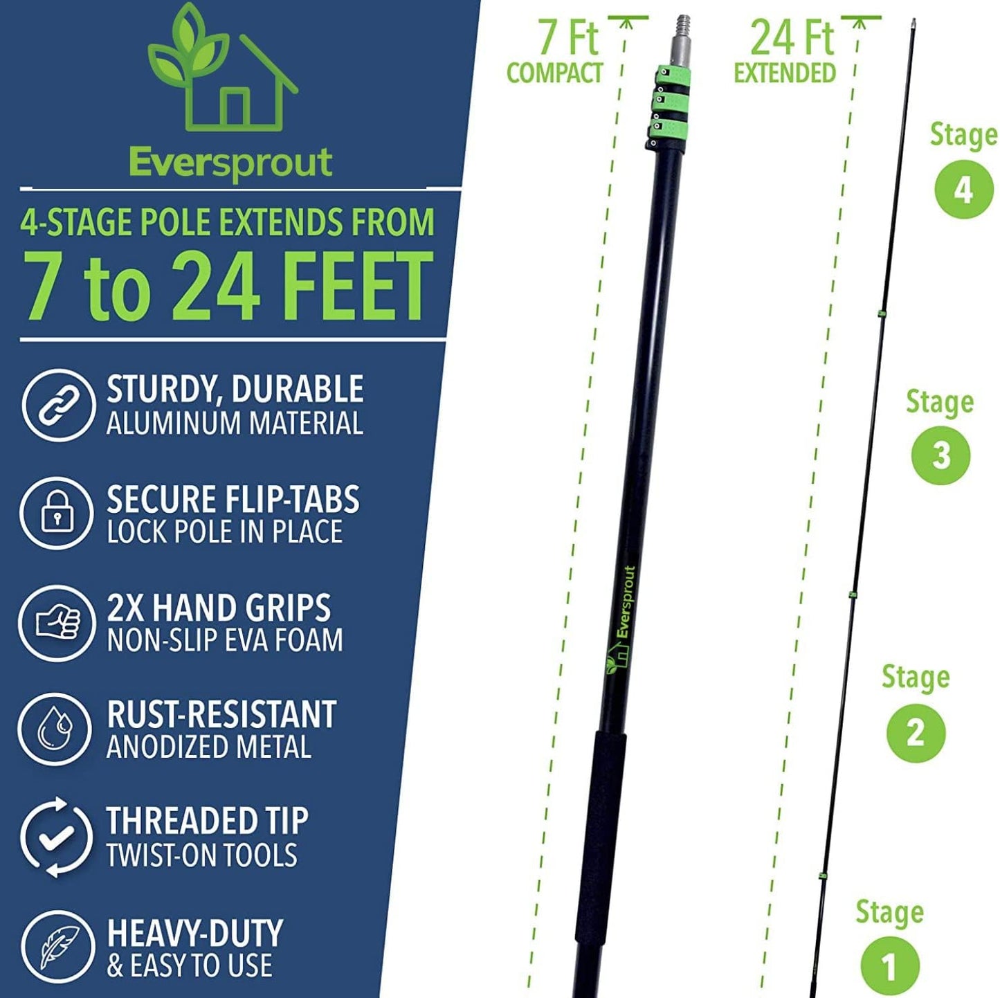 EVERSPROUT 7-to-24 Foot Telescopic Extension Pole (30 Foot Reach) | Heavy-Duty Sturdy Aluminum | Easy Flip-Tab Lock Mechanism | Twist-On Metal Tip Works for Squeegee, Duster, Paint Roller (Pole only)