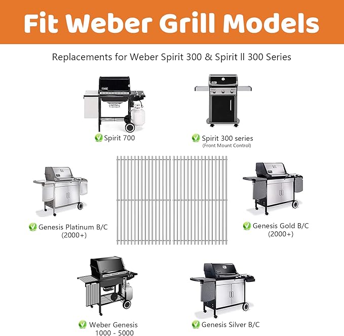 17.5 Inch Grill Grates for Weber Spirit 300 & Spirit II GS4 300 Series 3 Burner Grill Parts Stainless Steel Cooking Grate Replacement Parts for Spirit 700 Gas Grill
