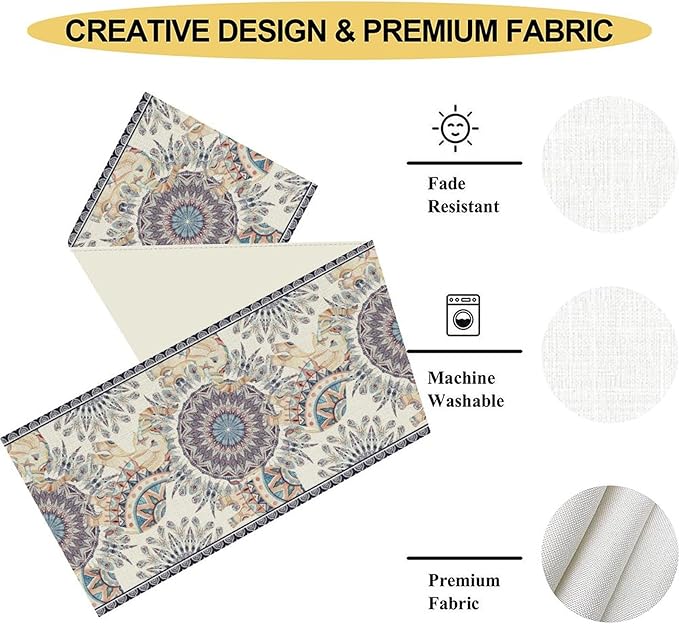 Boho Table Runner, Rustic Blue African Tribe Elephant Indian Diwali Damask Mandala Art Print Ethnic Folk Coffee Table Center Decor for Home Kitchen Holiday Party Outdoor Table Decorations, 13"x36"