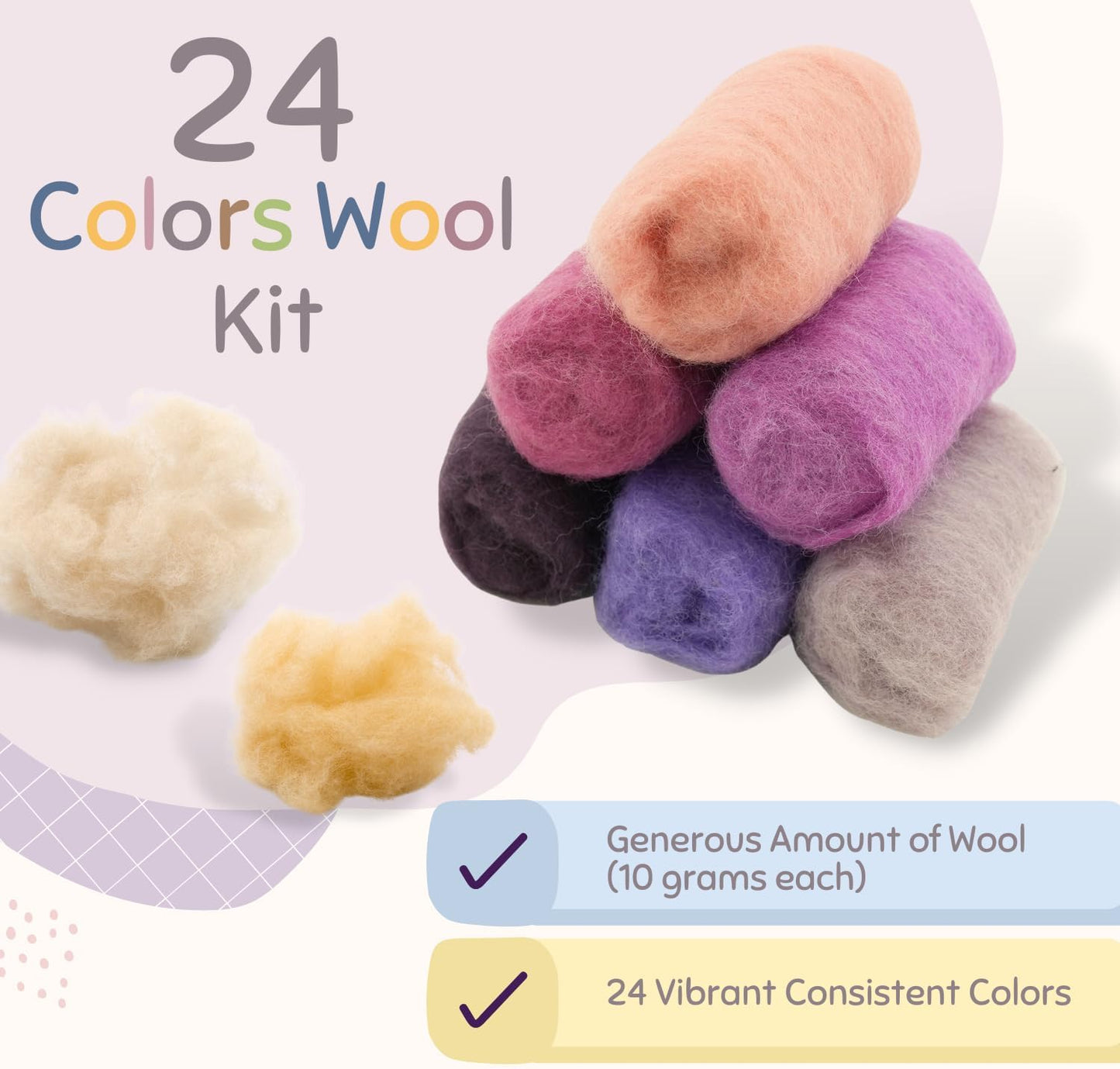 Woolbuddy Wool Roving Kit – 24 Assorted Corriedale Colors with Felting Guide – Clean, Carded Core Wool for Needle & Wet Felting – Craft Supplies for All Levels