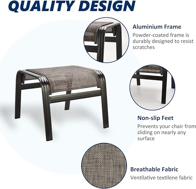 Outdoor Patio Foot Rest Ottoman Seat Textilene Portable Metal Footstool Portable Patio Chairs 2 Set Brown