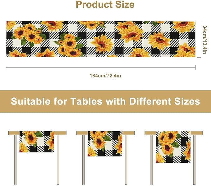 Yellow Sunflower Table Runner, Vintage Farmhouse Black White Sunshine Sunflowers Print for Autumn Farmhouse Home Kitchen Table Decoration,13x120inch
