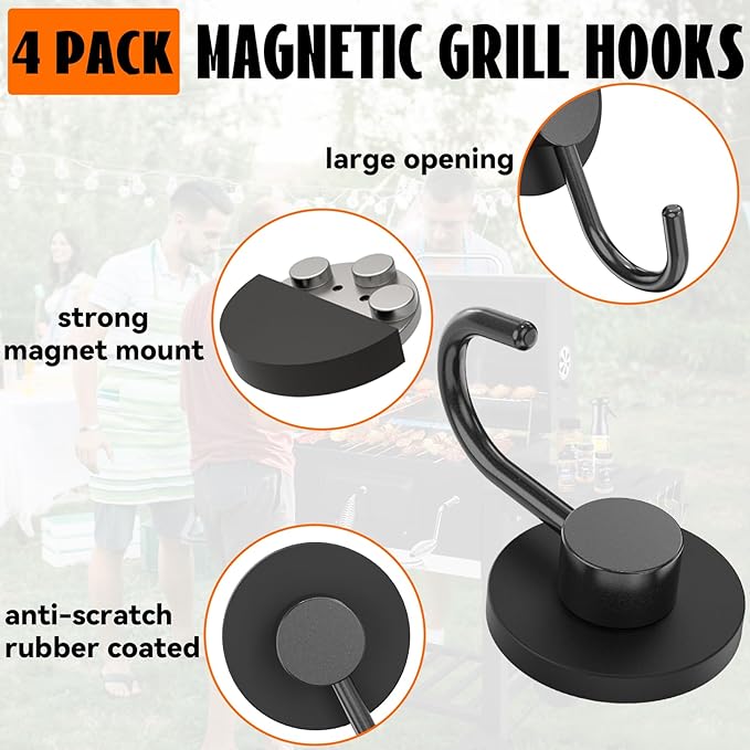 Magnetic Hooks for Grills, Anti-Scratch Magnet Mount Hook for Barbecue Tool, Hanging, Refrigerator, Kitchen, Garage, Cruise, Ship