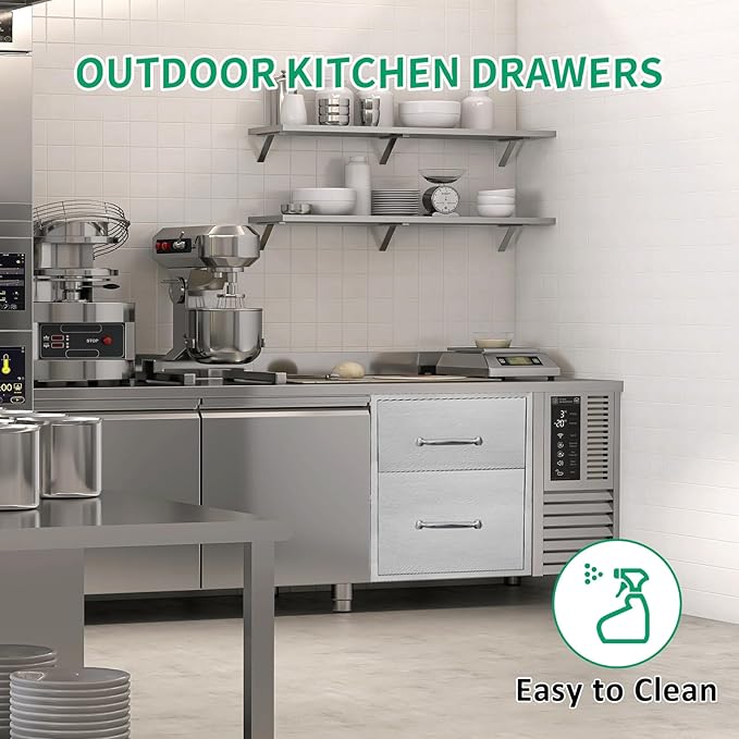 Outdoor Kitchen Drawers 14" W x 21" H x 21" D Stainless Steel Double Drawers with Ergonomic Handle for BBQ Island, Patio Grill Station & Outdoor Kitchen Cabinets