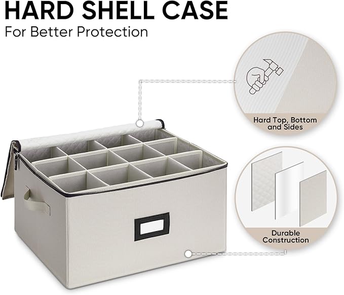 BALEINE China Storage Containers, Sturdy Quilted Wine Glass Storage, Plate Organizer with Carry Handles, Moving Boxes for Dishes, Cups, Mugs and Stemware (Wine Glass, Hard Shell Cream)