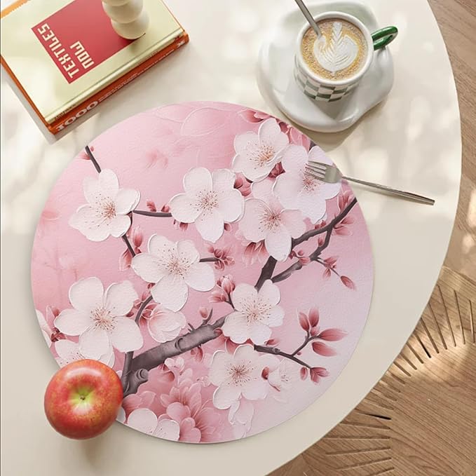 Round PU Leather Placemats Set of 4,Pink Cherry Blossoms Flowers Ding Round Table Placemat Easy to Clean Heat-Resistant Waterproof Non-Slip Place Mats for Party Coffee Bar,13inch
