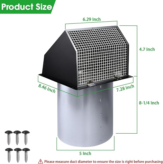 5 inch dryer Vent Cover Exterior Wall Vent Hood Outlet Airflow Vent Dryer exhaust vent with Screen and Damper,Outdoor Dryer Vent Cover cap for Range Hood/Kitchen Air Ventilation,Galvanized Steel,Black